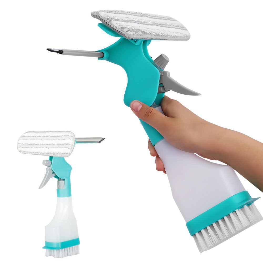 4-in-1 Window Cleaner, Spray Window Squeegee with Spray Bottle & Squeegee & Fabric Washer Head & Brush for Home Car Glass Cleaning