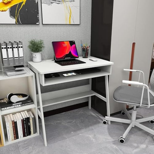DEILALY Small Desk 80cm with Drawer Space and Under Storage Shelf Computer Wood Desk Metal Frame Writing Table Study Desk Work Station Gaming Desk Table Home Office Bedroom White