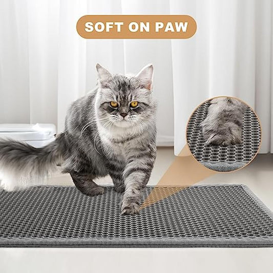 Garoopion Cat Litter Mat, 90 X 76 cm EVA Litter Trapping Mat, Double Layer Honeycomb Holes Design, Grey, 1 Side Connected