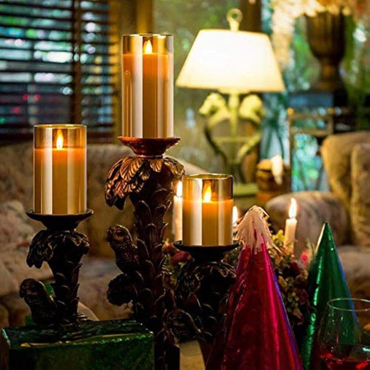 Led Flameless Candles, Battery Operated Flickering Candles Pillar Real Wax Moving Flame Electric Candle Sets Gold Glass Effect with Remote Timer, 4 in, 5 in, 6 in, Pack of 3 (Brown Glass)