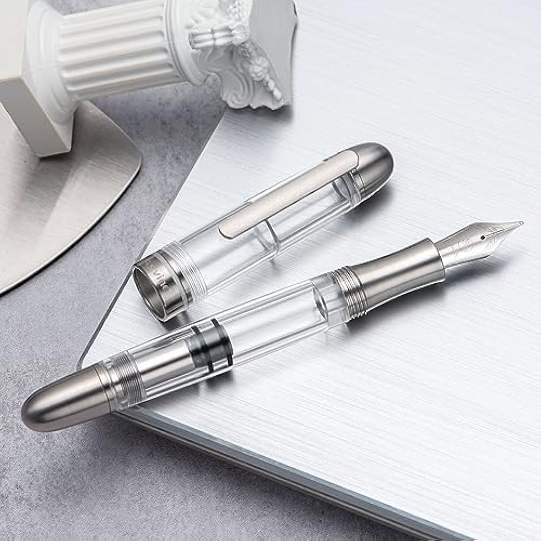 Asvine P36 Titanium Fountain Pen Piston Filling, Irdium Mediun Nib Clear Transparent Acrylic Smooth Writing Pen Case Set, Torpedo shape