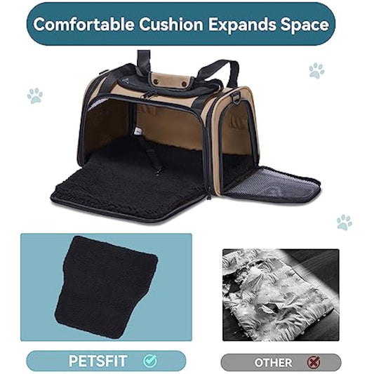 PETSFIT Dog Travel Carrier for Small Dogs with Extendable Fleece Pet Mat, Puppy Dog Carrier with Safety Leash for Pets Up to 25 Lbs (50 * 33 * 33CM, Khaki)
