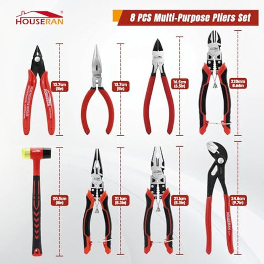 HOUSERAN Plier Set,8-Piece Tool Set with Case Including 10” Groove Joint Pliers,8.3” Long Nose,8.3” Linesman,7.5” Diagonal,6” Flush Cutter,5” Long Nose,5” 170 Cutter,Rubber Mallet for DIY & Home Use