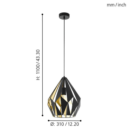 Eglo Carlton 1 Vintage Pendant Lamp, Retro Hanging Light in Black and Gold Steel, E27 Socket, 31 cm (12.2")