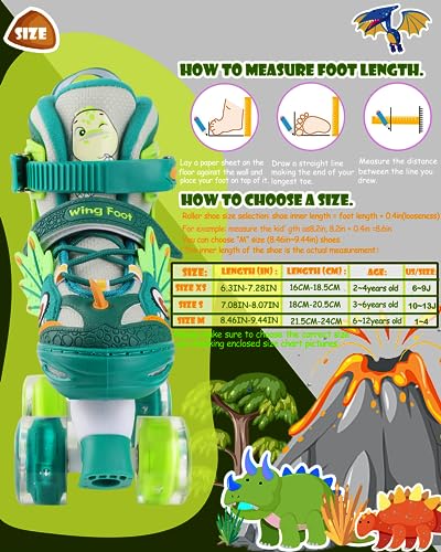 Dino Kids Toddler Roller Skates for Boys Girls Dinosaur Quad Skating Shoes with Shiny Light up Wheels Adjustable Sizes Beginners rollerskates for