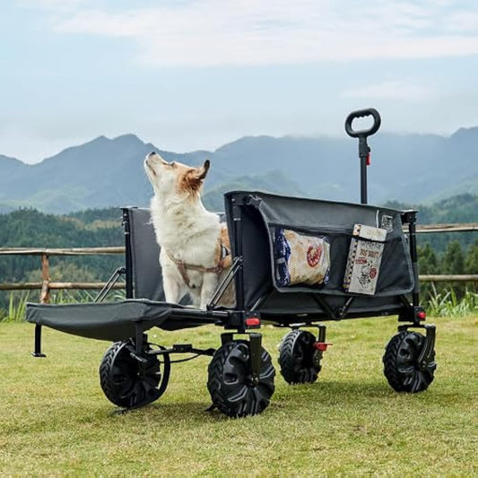 TIMBER RIDGE Festival Trolley 300L with Brakes, Folding Beach Trolley Cart with Tailgate, 135kg Collapsible Wagon Detachable Wide Wheels & Adjustable Handle for Outdoor Camping Garden, Grey