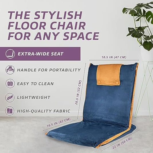 bonVIVO EASY III Folding Floor Seat – Comfortable Fold-Up with Back Support, Portable Lounge for Meditation, Reading & Relaxing – Indoor Seating for Adults & Kids, Blue