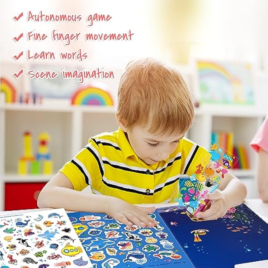 ASTARON Reusable 3D Puffy Sticker Book for Kids, 88 Pcs Cute Waterproof Ocean Animals Stickers, Puffy Sticker Game Travel Stickers and Educational Sensory Learning Toy(3-6 Age)