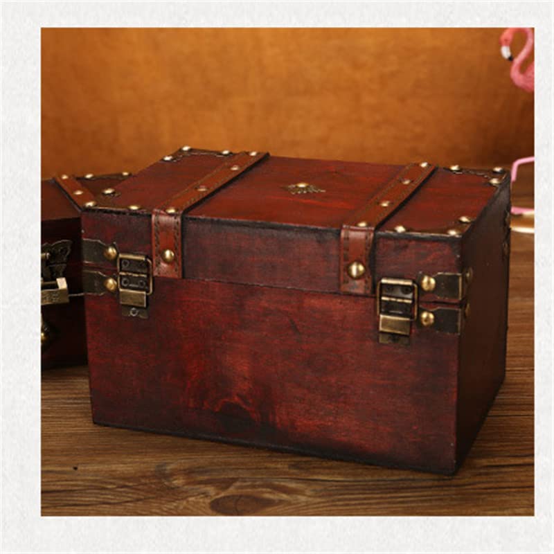 LIKEUDO Retro Jewelry Treasure Chest With Lock Vintage Wooden Trinket Storage Box (L (8.7x5.3x5.9in))
