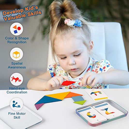 Vanmor 68 Pcs Tangram Puzzles for Kids, Wooden Puzzle for Toddlers, Montessori Educational Learning Toys for Girls Boys 3+, Birthday, Christmas and Children's Day Gifts