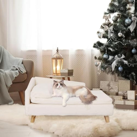 BingoPaw Elevated Dog Sofa Bed: L Shaped Raised Dog Lounger Couch with Durable Wooden Legs - Nordic Plush Fur Pet Chair Bed with Soft Removable Cushion Mat and Pillow M(70x40cm