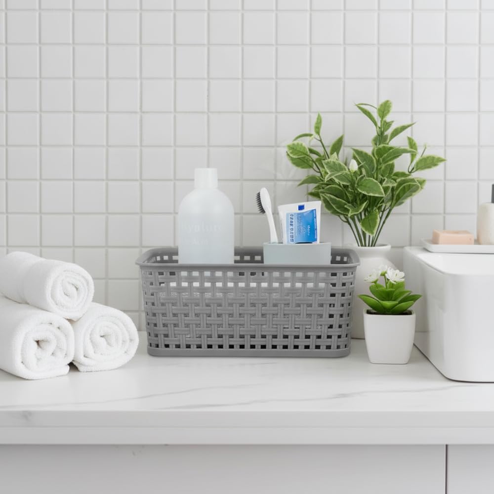 Mayish Plastic Weave Basket with Handle, Black and Grey, 6 Packs