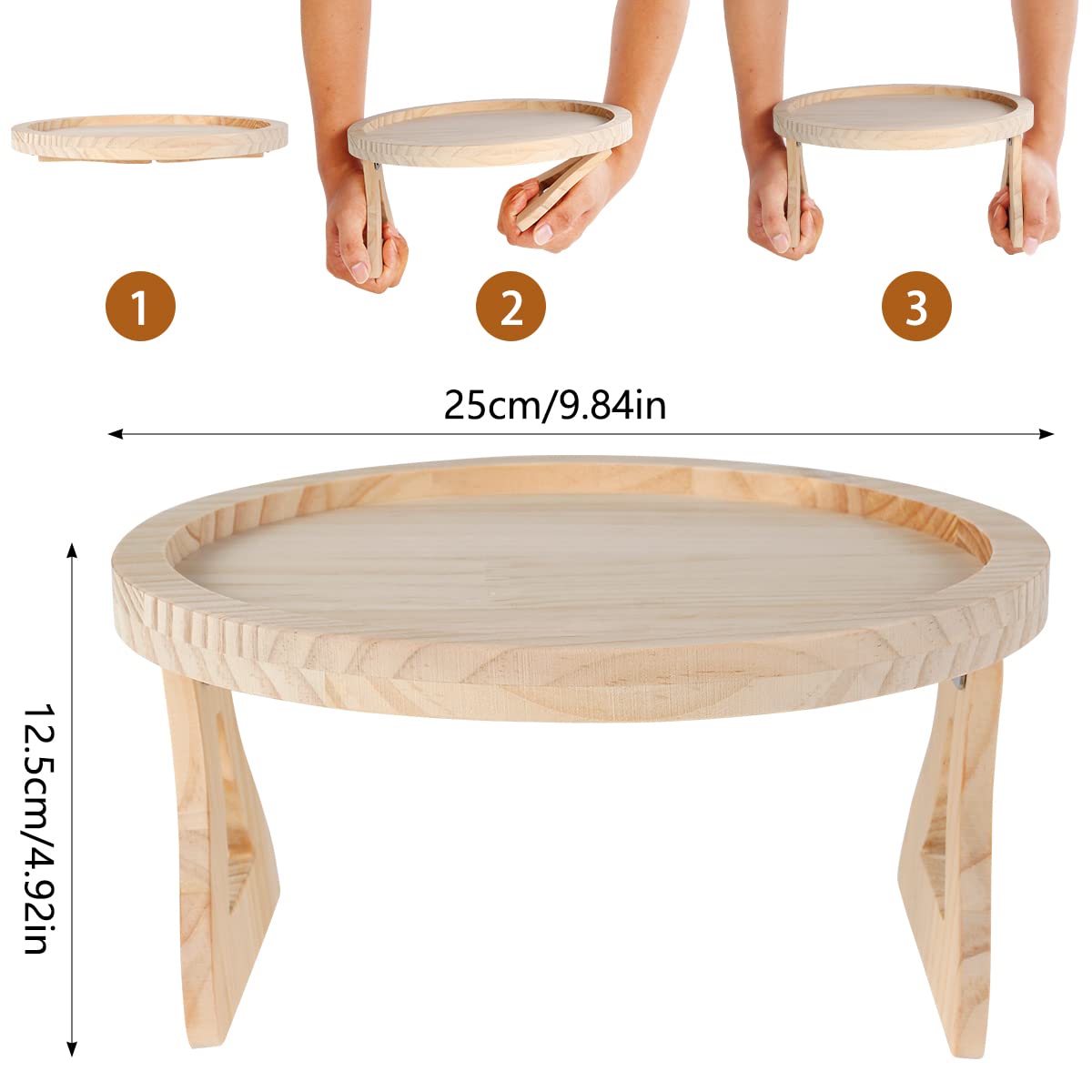 Ghopy Natural Pine Wood Sofa Side Tables Waterproof Round Portable and Foldable Sofa Armrest Clip-On Tray Couch Arm Rest Organizer for Remote Drinks