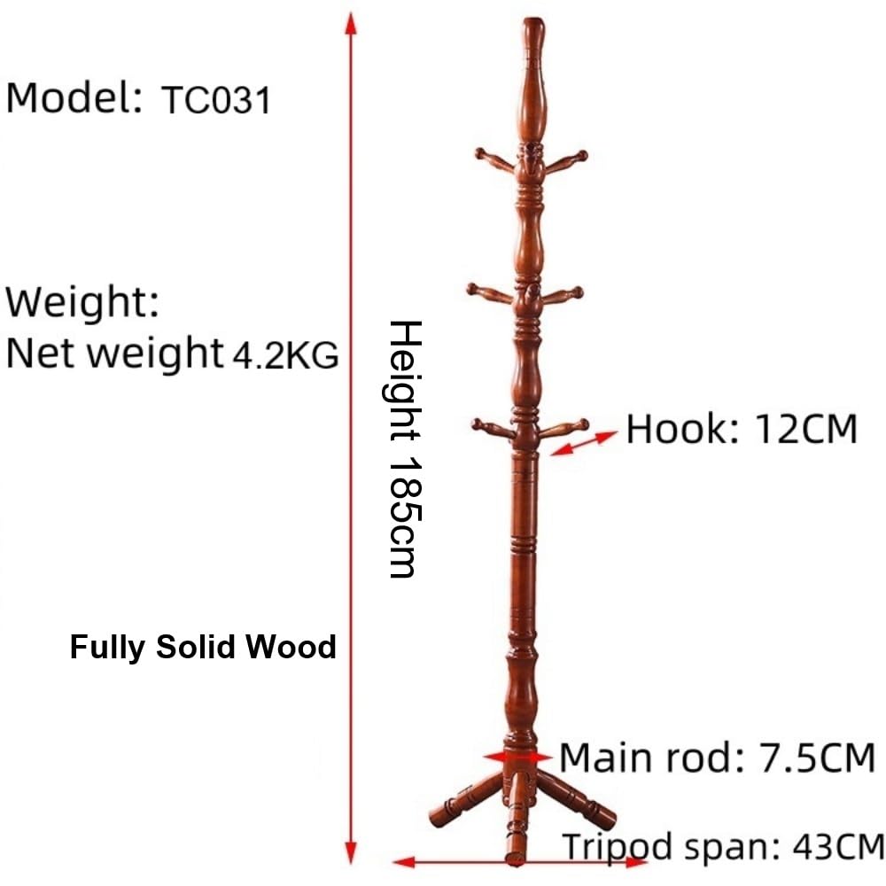 Multibao Sturdy Wooden Coat Rack Stand Vintage Posh Solid Wood 185cm with 9 Hooks Heavy Duty Free standing Hall Coat Hat Clothes Tree Stands for