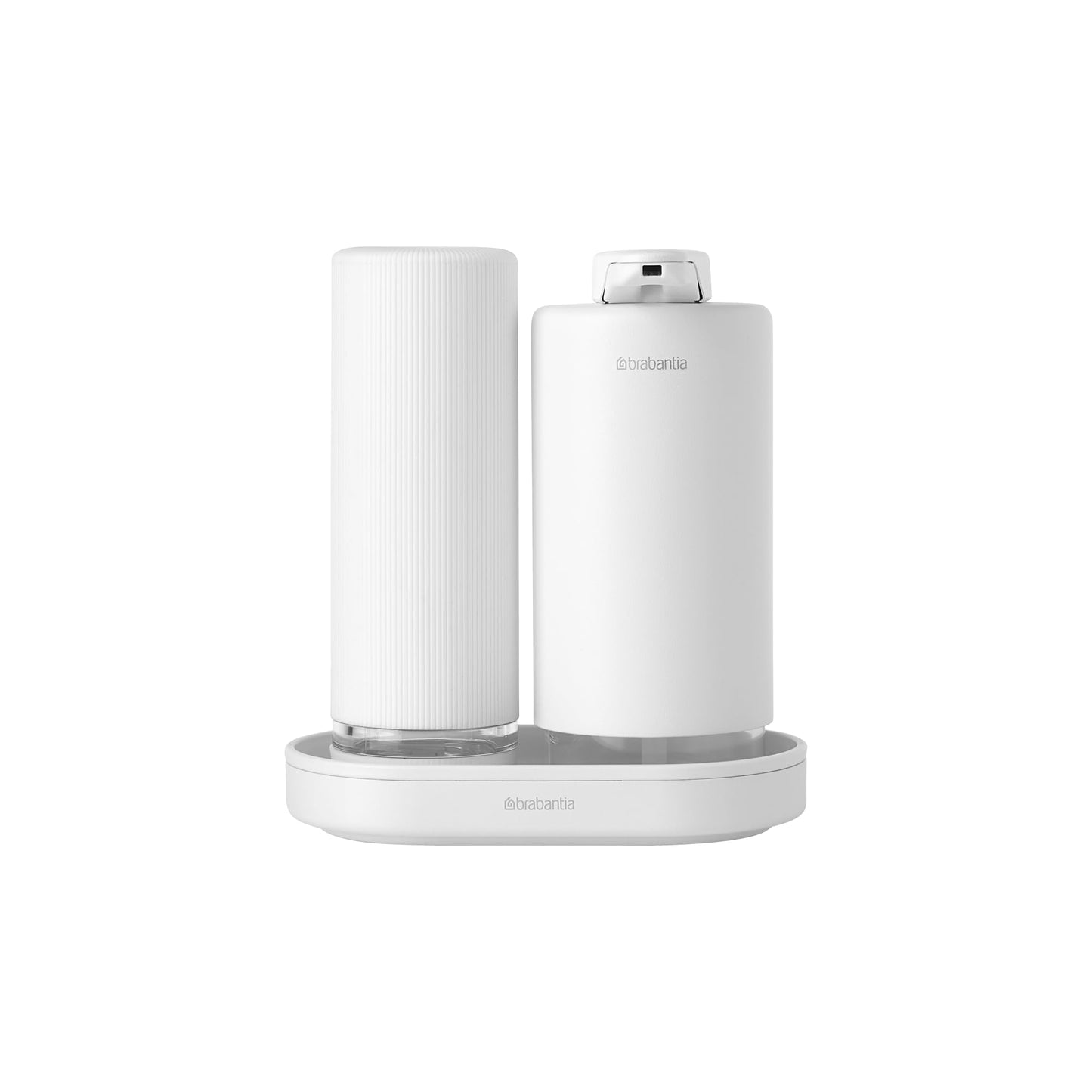 Brabantia - SinkStyle Soap Dispenser Set with 2 Stylish Dispensers for Hand and Dish Soap, Textured Tray, and Soap Squeezer ? Mineral Fresh White, 2 x