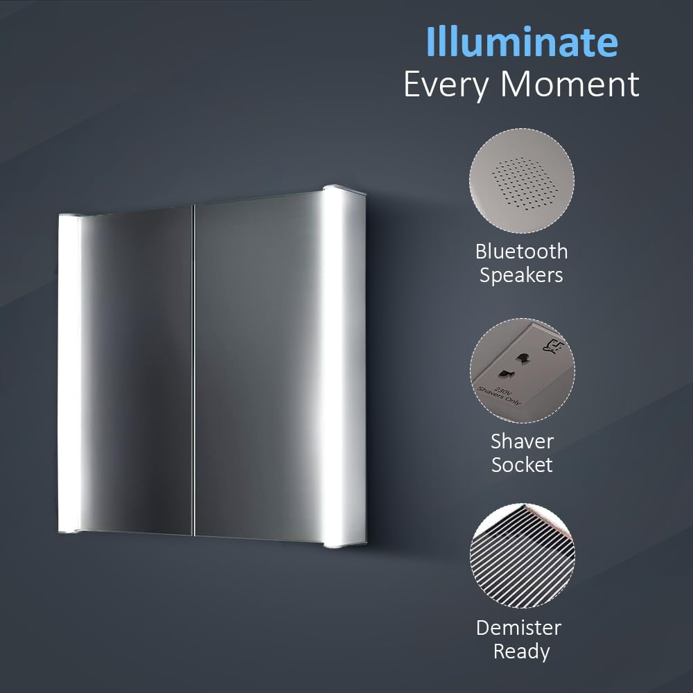 iBathUK Revere LED Illuminated Bluetooth Mirror Cabinet, Double Door Mirrors with Shaver Socket, 3 Adjustable Shelves Soft Close Door