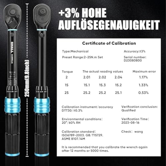 Shall 21-Piece 1/4" Torque Wrench Set, (2-25Nm) Dual Direction Adjustable 72 Tooth for Bike and Motorcycle Maintenance,with Extension Pole and Storage Box