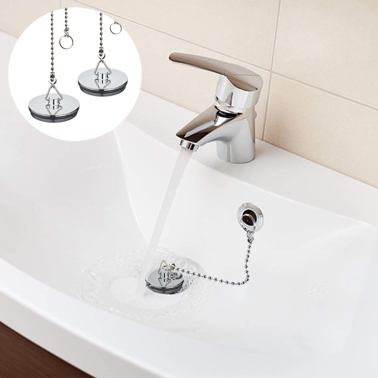 2 Pack Tomario Chrome Bath Plug, 450mm Stainless Steel Ball Chain Hook Pedestal Bathroom Sink Plug for Kitchen Bath Sink Drain Stopper Plug