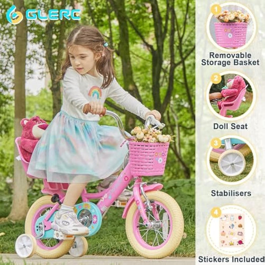 Glerc Maggie 14 Inch Kids Bike for 2-13 Years Old, Girls Bicycle with Doll-Seat & Basket & Stabilisers & Kickstand, Multiple Colors