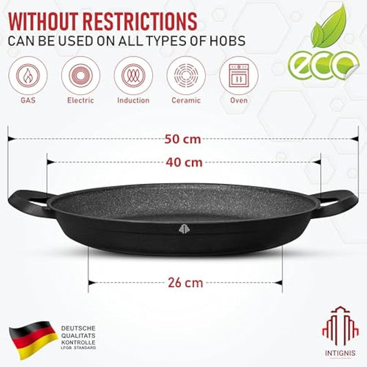 INTIGNIS Traditional Paella Pan 40cm – Non-Stick Induction | Heavy-Duty, Anti-Scratch, Stainless Steel Base | Paella+Pan for Gas, Electric & Ceramic Hobs Cookware | Paellera
