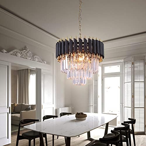 FRIXCHUR Modern Crystal Chandeliers 3-Tier Crystal Chandelier Light 15.7'' Black and Gold Pendant Light Fixtures for Living Room Kitchen Island Foyer E14x5 Bulb(Not Includ Bulb)…
