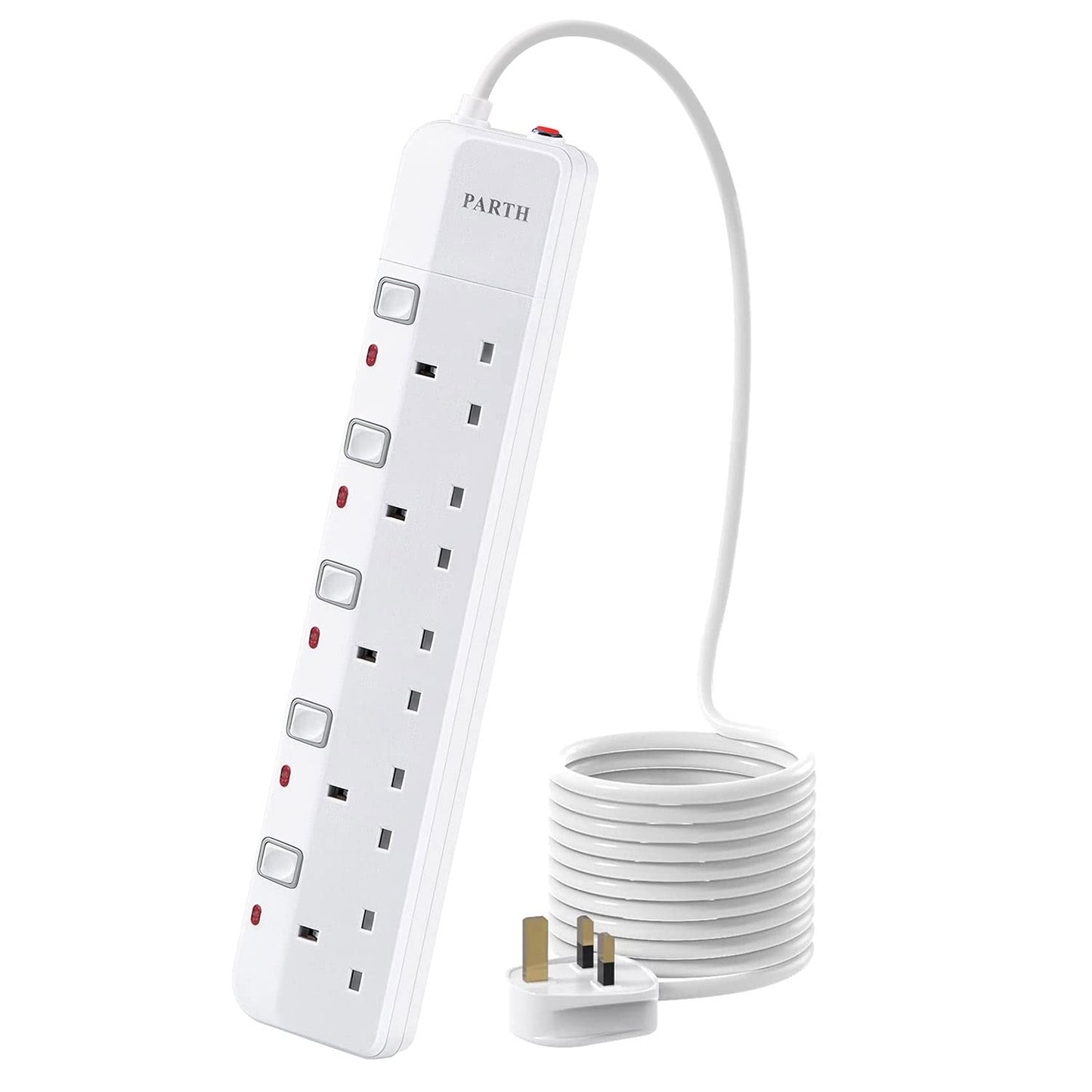 PARTH 5m Extension Lead with Switches Surge Protection UK Plug Extension 5 Metre Cable Extension Cord 5 Way Sockets Power Extension with Overload