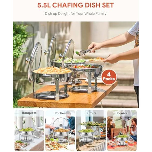 WILPREP Chafing Dish Buffet Set, 4 Pack 5.5L Round Chafers for Catering with Glass Lid & Lid Holder Water Food Pan, Stainless Steel Food Warmers