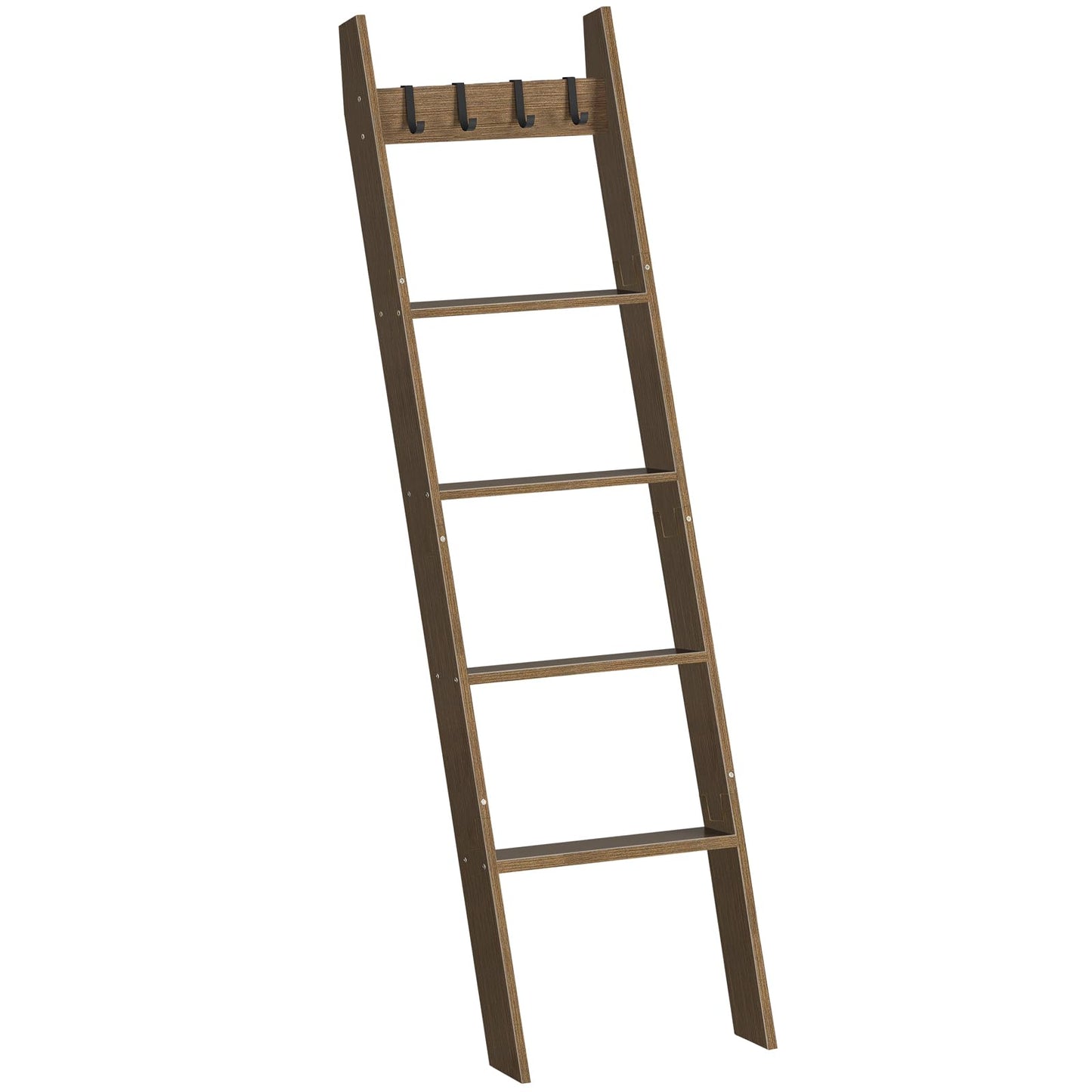 HOOBRO Towel Ladder for Living Room and Bedroom, 5-Tier Wall Leaning Towel Rack for Bathroom, Decorative Ladder Shelf with 4 Removable Hooks,