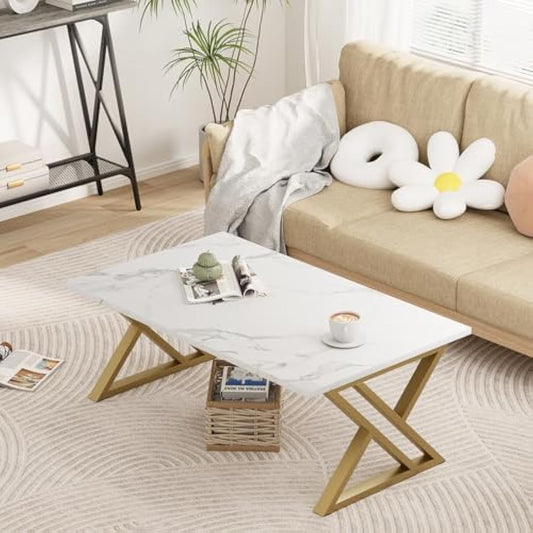 Coffee Table, Living Room Table, Center Tea Tables, Rectangular Tea Tables, End Side Desk with Gold Metal Frame for Living Room Bedroom Office, Modern Open Design, 39.3 x 18.9 x 17.7 IN, White/Gold