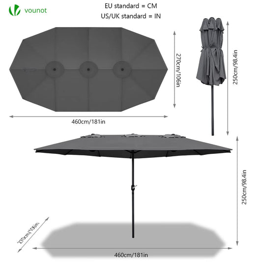 VOUNOT 4.6m Double Garden Parasol, Extra Large Rectangular Patio Table Umbrella, with Crank Handle, Protective Cover, UV 50+, Grey