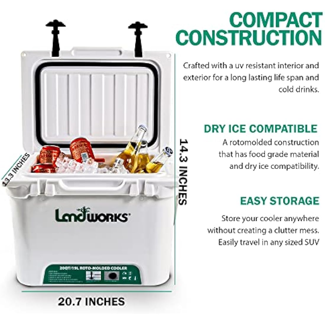 Landworks ENHANCED Rotomolded Cooler 20-45QT, 5-10 Day Ice Retention, Dry Ice Compatible, UV Protection, 15mm Gasket, 2 Bottle Openers, Vacuum Release Valve