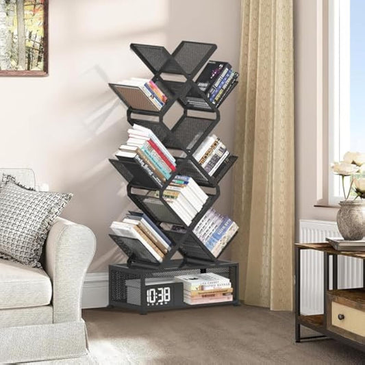 Gintan 9-Tier Space Saving Bookshelf with Storage,Bedroom Shelves Folding Bookshelves,No Installation Required Corner Shelf Tree Bookcase for Living Room,Study,Home Office,Bed Room (Black)