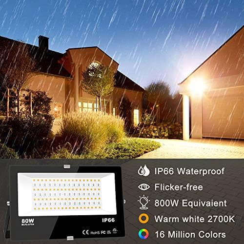 Lighting master LED Floodlight 80W Equivalent 8000LM, Smart RGB Flood Lights Outdoor with APP Control, Colour Changing + Warm White, Timing - Scene - Garden Lighting, IP66, UK Plug(2 Packs