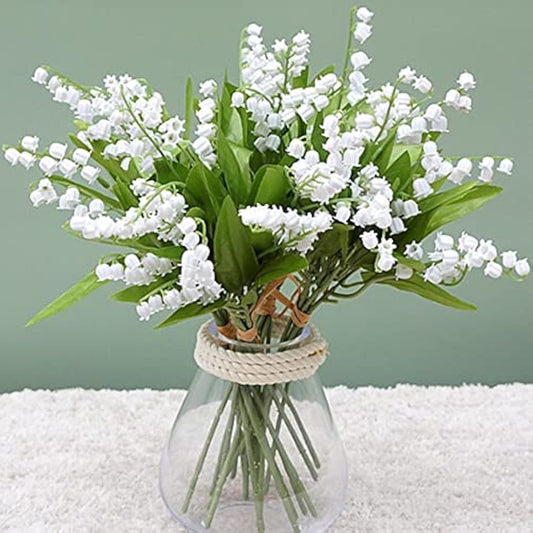 OUKEYI 12 artificial flowers of lily of the valley, Lily of The Valley Plastic Flower ,Outdoor Bridal Wedding Bouquet for Home Garden Party Wedding Decoration (White)