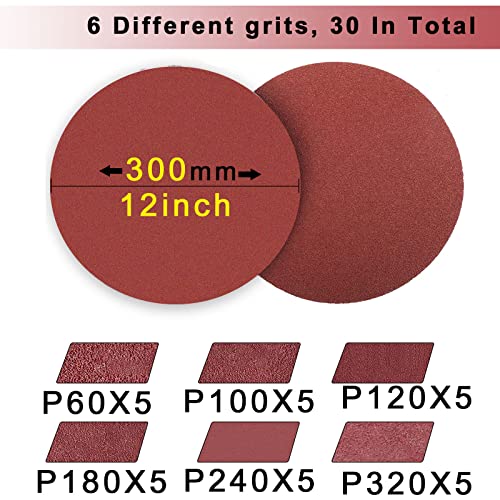 FEIHU 303 mm Sanding Discs,12 Inch Hook and Loop Discs,Grit 5XP60/100/120/180/240/320, 12 inch sandpaper for velcro disc sanders Pack of 30