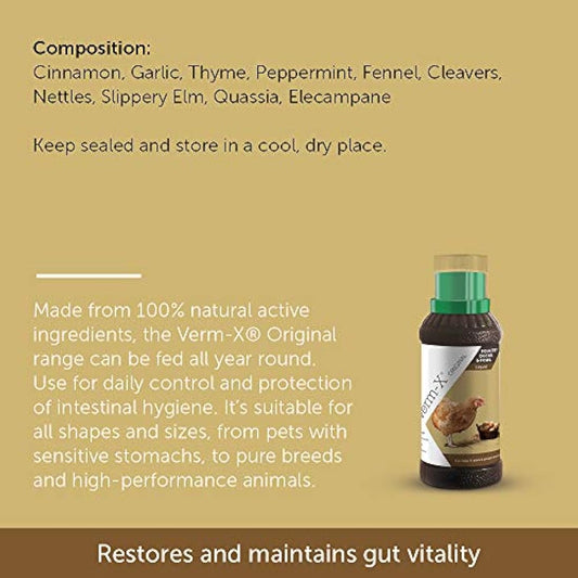 Verm-X 100% Natural Liquid for Poultry. Supports Intestinal Hygiene. Vet Approved. UFAS Assured. Contains Prebiotic for Gut Biome. Restores and Maintains Gut Vitality. Wormwood Free - 500ml