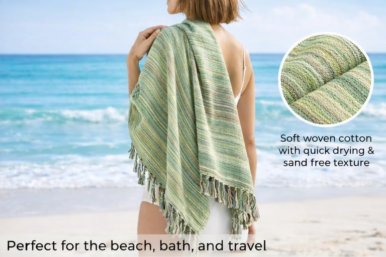 WEFLORIA Turkish Cotton Peshtemal Towel – Lightweight Quick Dry Beach Towel – Large Hammam Spa Towel for Beach, Bath, Travel and Pool (green)