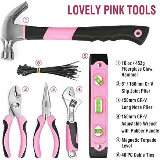 WORKPRO Pink Tool Kit 103-Piece, Pink Hand Tools Set for Home Repair, Tool Kit Portable with Hammer, Screwdriver Set, Tape Measure, Pliers, with Compact Storage Bag, New Home Gifts