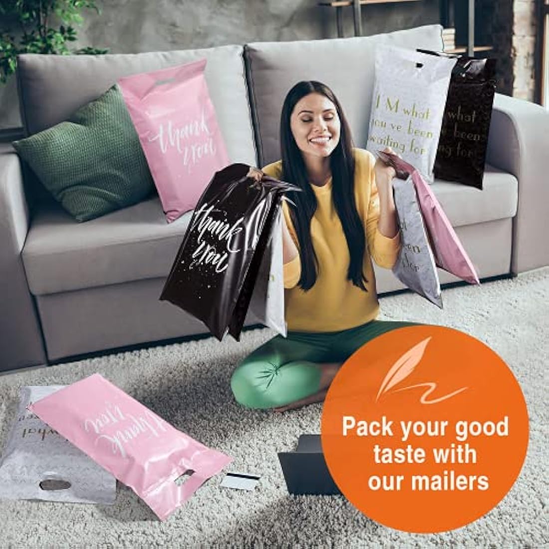 Switory 100Pcs Parcel Bags for Posting Clothes 262x330mm Postal Bags Shipping Bags with Handle Mailing Bags for Clothing Posting Bags with Self Adhesive 10x13 Package Bags Black - Thank You Design