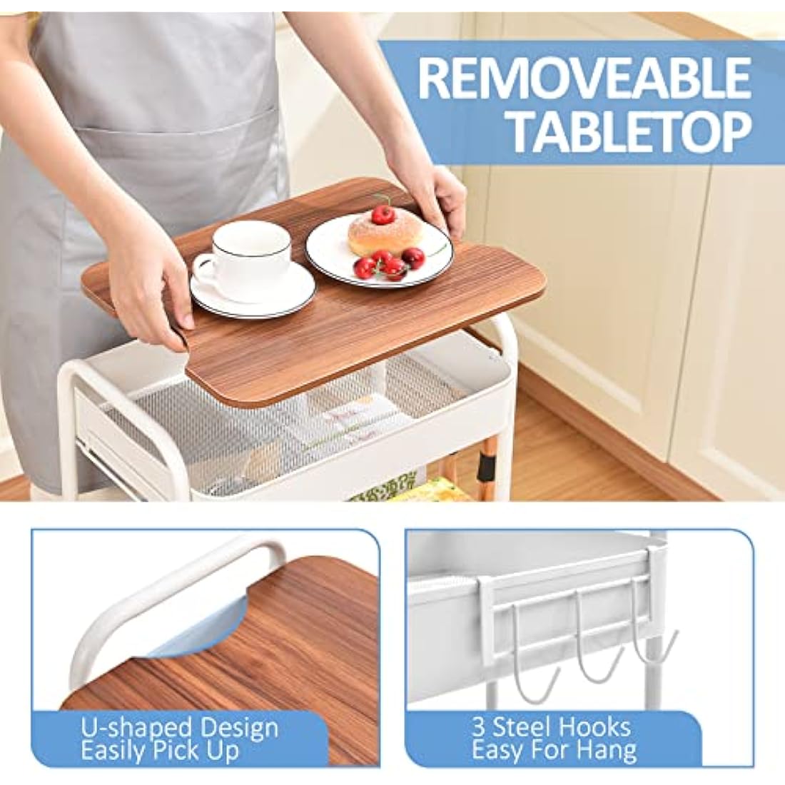 KINGRACK 3 Tier Metal Storage Trolley on Wheels with Removeable Wooden Worktop Trap Table Cover, Beauty Book Craft Tea Art Trolley for Home Bathroom Kitchen Laundry, No screws needed Easy
