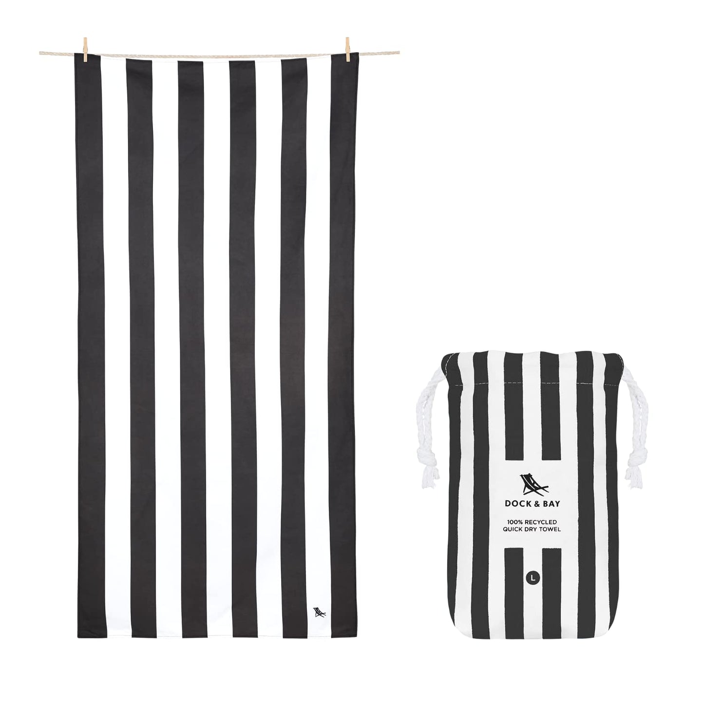 Dock & Bay Beach Towel - Quick Dry, Sand Free - Compact, Lightweight - 100% Recycled - Includes Bag - Cabana - Kamari Charcoal - Large (160x90cm,
