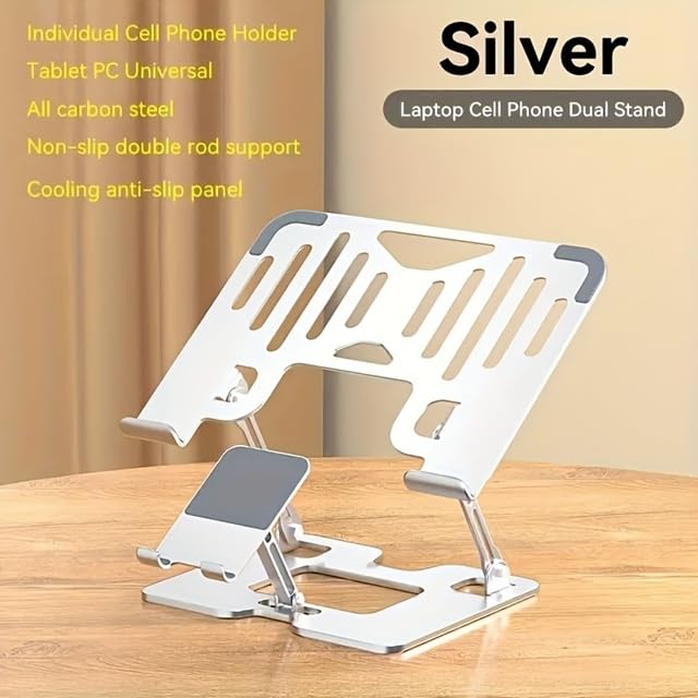 Omana Ergonomic 2-in-1 Laptop Stand with Phone Holder for Desk, Adjustable Riser, Sturdy and Portable, Fits All Laptops and Phone (Silver)