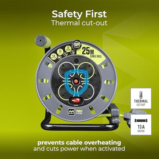 Masterplug Pro-XT Four Socket Open Cable Reel Extension Lead with Winding Handle, Thermal Cut Out and Power Switch, 25 Metres High Visibility Cable , Green