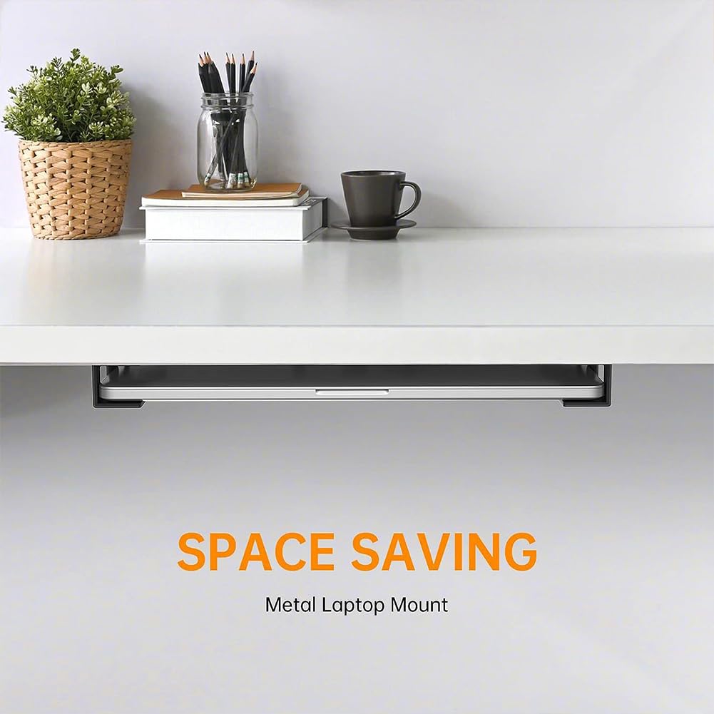 Kisbeibi Under Desk Laptop Mount, Metal Under Desk Laptop Storage Holder with Screws, Under Table Desk Holder for Laptop, Tablet