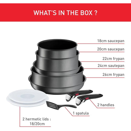Tefal Ingenio Daily Chef ON 10 Piece Non-Stick Induction Pan Set, 22&26cm Frying Pans, 18&20cm Saucepans, 24cm Sautepan, 18&20cm Hermetic Lids, Spatula, 2 Bakelite Removable Handles, Grey, L7619302