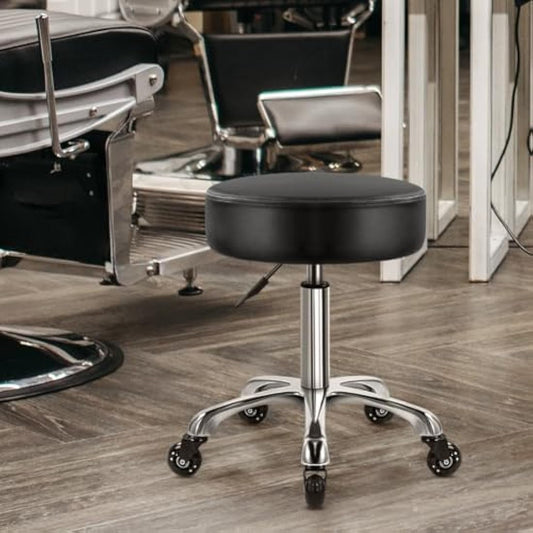 WKWKER Heavy Duty Beauty Stool On Wheels Swivel Adjustable Thick Leather Seat Chair For Kitchen Drafting Lab Office Massage Black