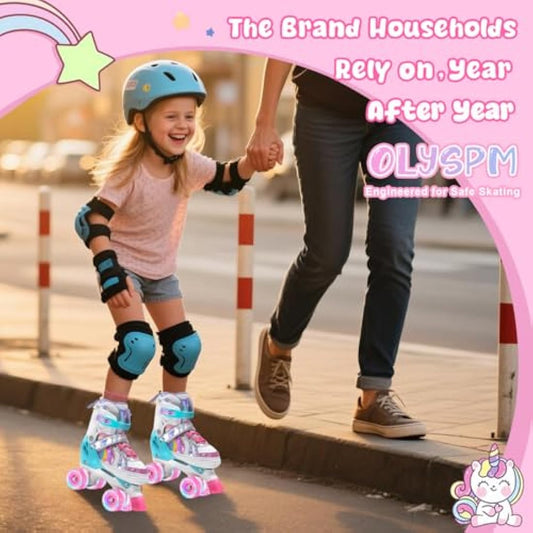 OLYSPM Kids Roller Skates for Girls Boys Pro 4-Size Adjustable, Roller boots With 8 Light Up Wheels, Beginner safe Children's Quad Skates - Ideal Christmas Birthday Gift