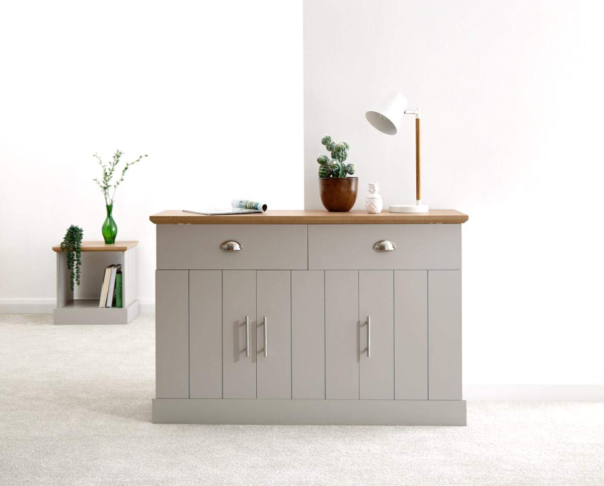 GFW Kendal Grey and Oak Large Sideboard, 3 Door 2 Drawer Storage Cabinet, Country Style Living Room and Dining Room Furniture