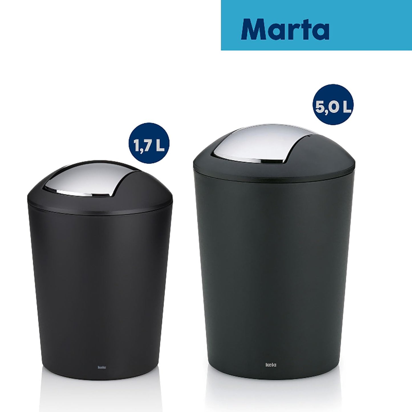 kela swing lid bin black, cosmetic bin 5l with swing lid, plastic, MARTA, waste bin bathroom black matt