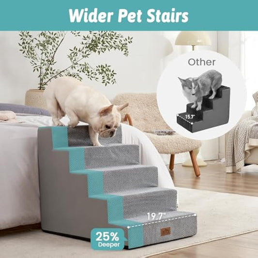 COZY KISS Wide Dog Stairs for Small Dogs, 19.7" Width Pet Stairs for High Bed Car, 60 cm High Non-Slip Dog Steps for Old Cats, Puppies, Small Medium Dogs, 75x50x60cm, 5 Tiers, Grey